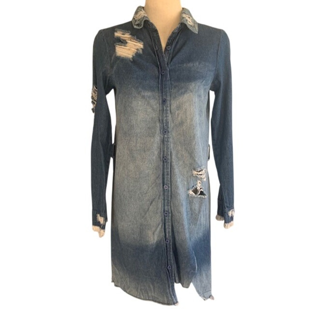 Akira Black Label Lightweight Denim Dress‎ S Asymmetric Distressed Hem Festival